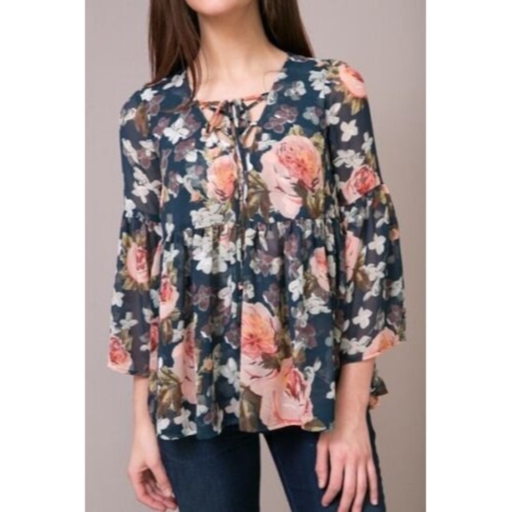 Show Me Your Mumu Poet Tie Top Floral Bell Sleeve Size Small